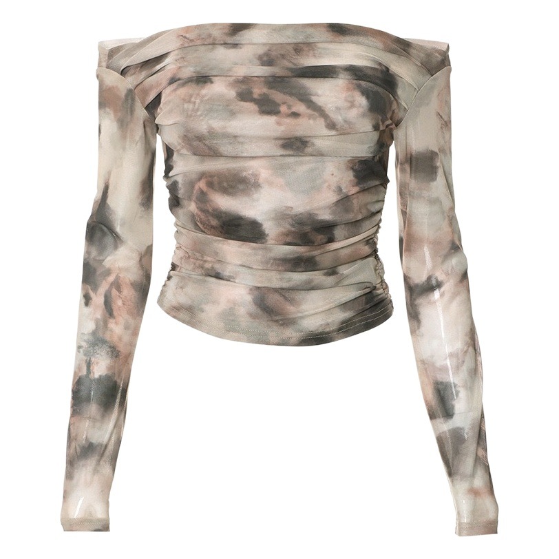 Estilo europeo y americano retro 3D impreso sexy fuera del hombro plisado superior recortada camiseta delgada para las mujeres 2024 primavera nuevo image 1