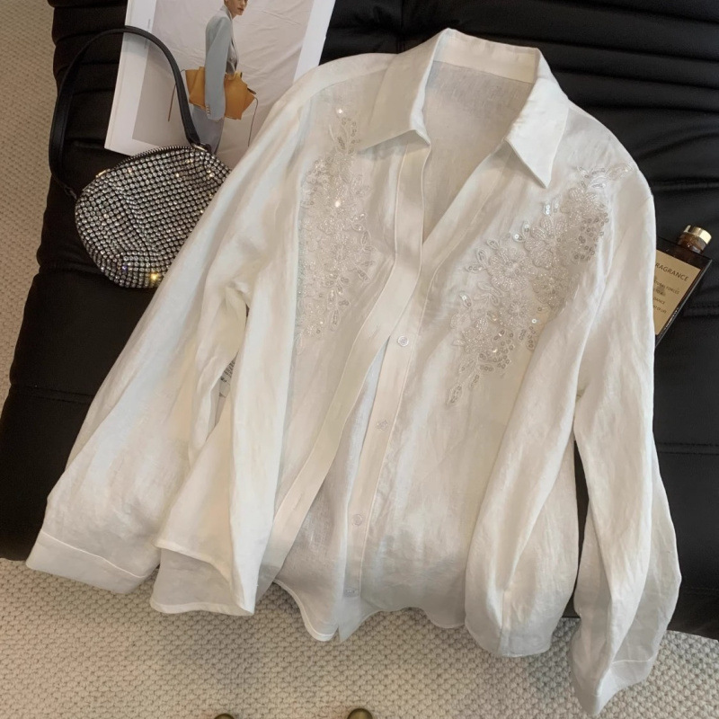 [In Stock] European Style Women's New Long-Sleeve Sequin Single-Breasted Loose Shirt Top Versatile Long-Sleeve Blouse