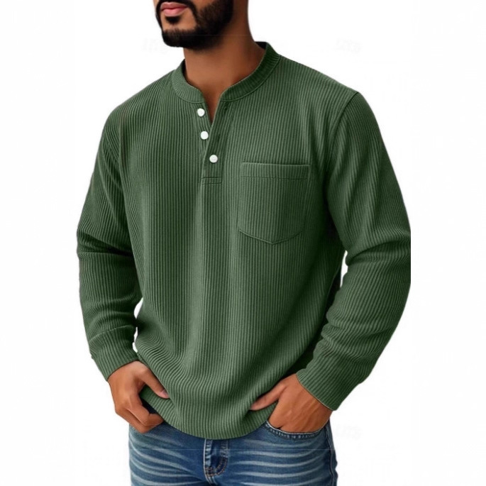 2025 New European American Fashion Solid Color Corduroy Three-Button Shirt Collar Men's Polo Moisture-Wicking And_voghion.com