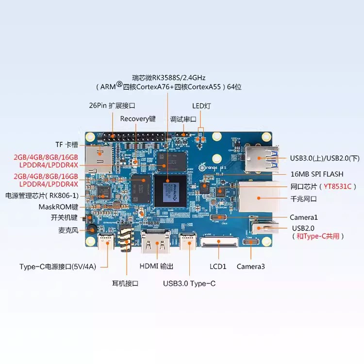 Плата разработки (Orange Pi) Orange Pi 5, RK3588S, 4/8/16 ГБ ОЗУ, совместимая с встроенным Linux
