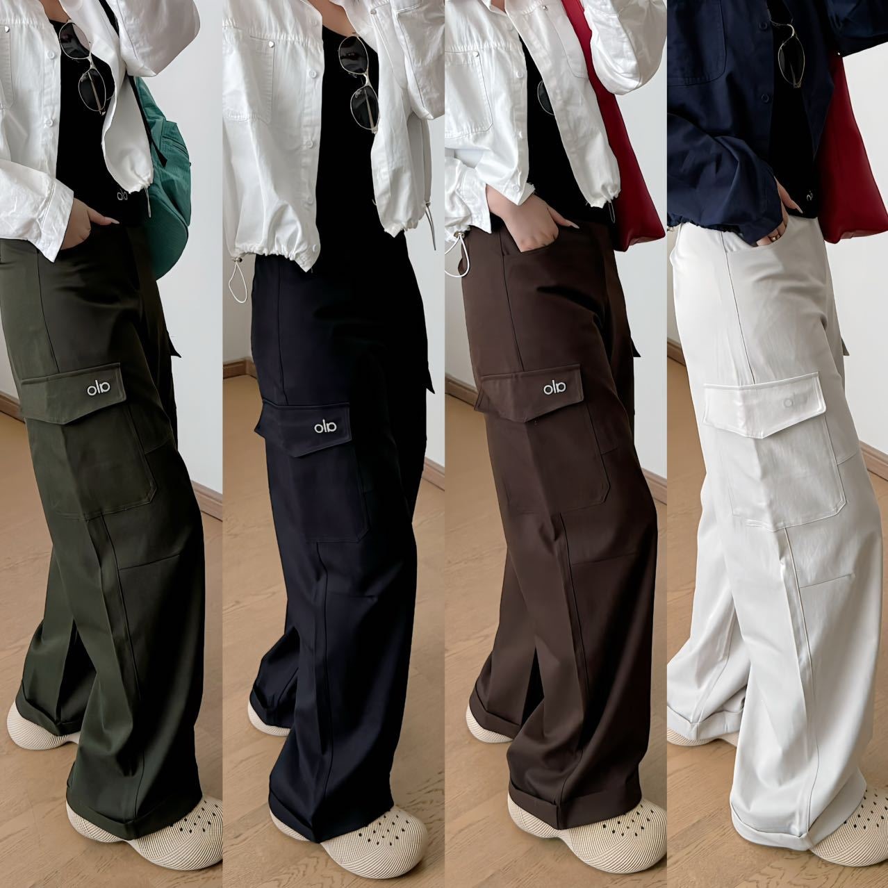 ALO Summer Washed Cotton Workwear Casual Pants for Women, New Autumn Style, Loose Fit, Versatile, Slimming, Large Pockets, Wide-Leg Trousers