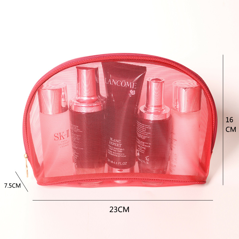 Semicírculo Rojo Negro en stock portátil simple transparente semicírculo Rojo sola red de gran capacidad de almacenamiento bolsa de cosméticos