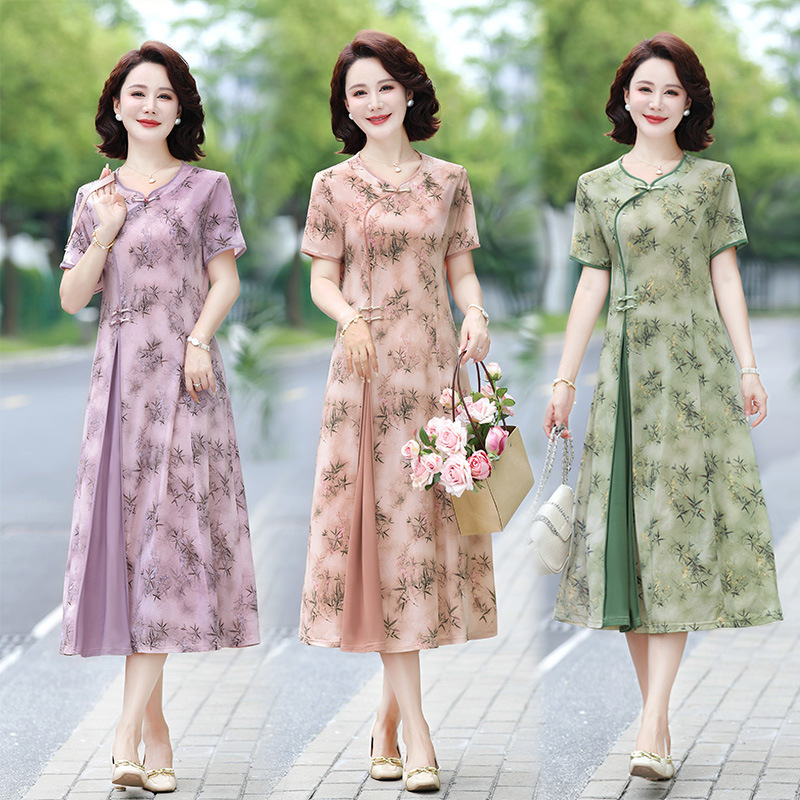 2025 新しい夏服中高年女性の国民風レトロドレス竹の葉プリント気質ママドレススカート|undefined