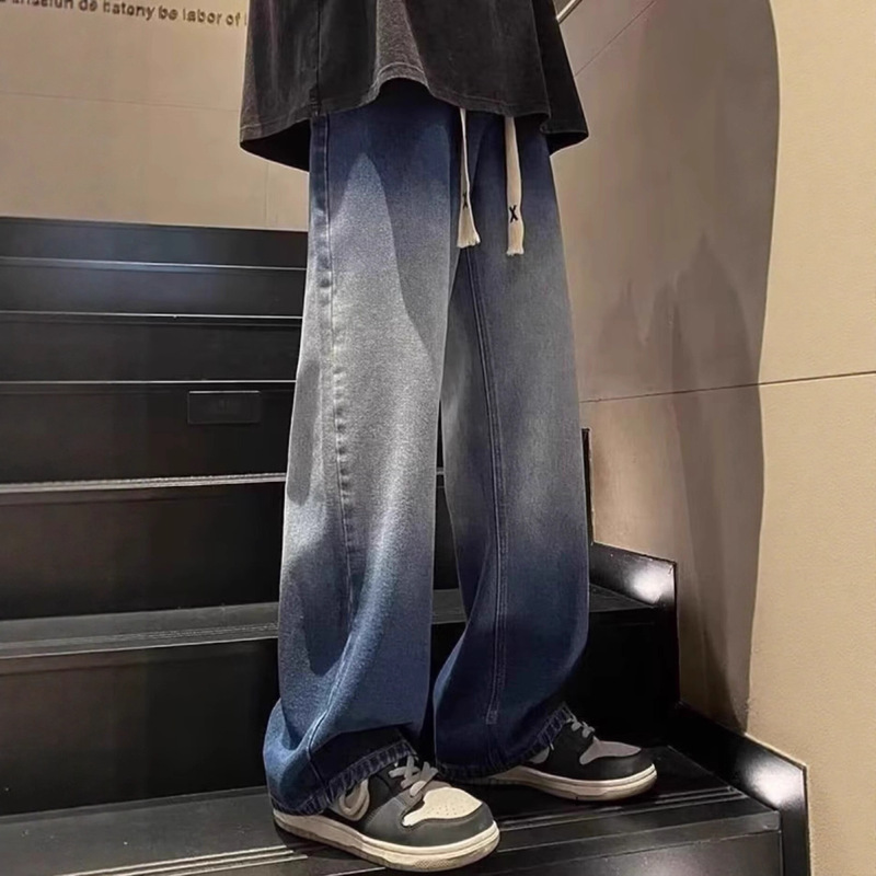American Retro Gradient Jeans for Men, Autumn Loose Straight High Street Vibe Trendy Brand Cool Wide-Leg Pants