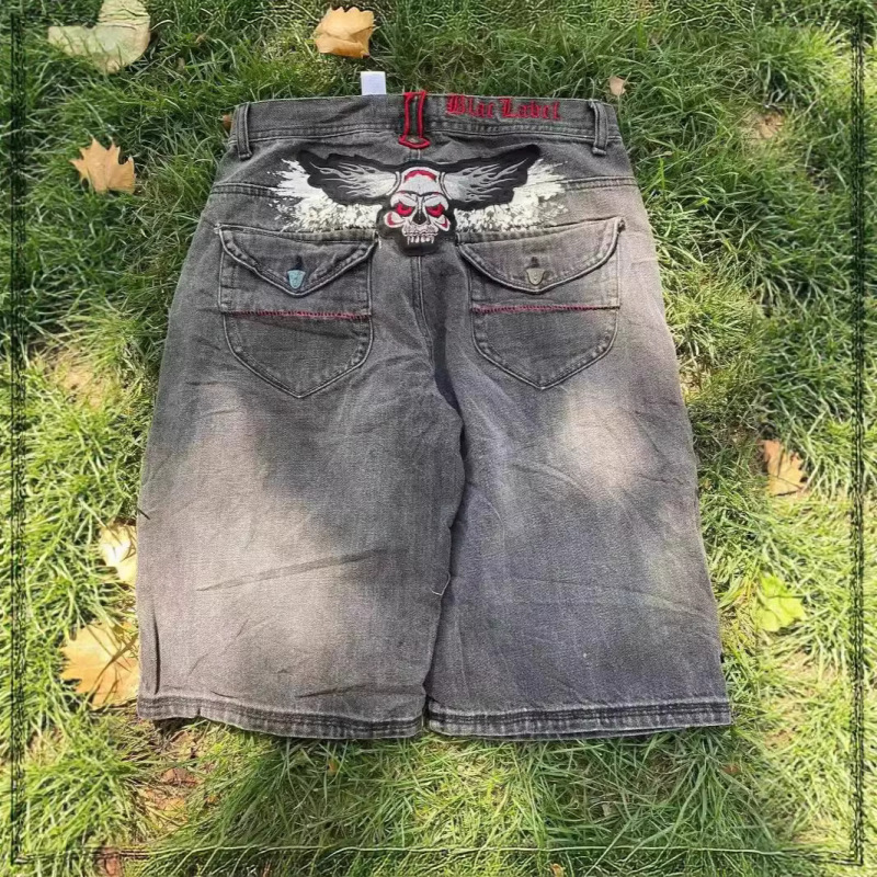 American Skull Embroider Retro Loose Beach Summer Street Fashion Y2K Denim Shorts Harajuku Casual Shorts