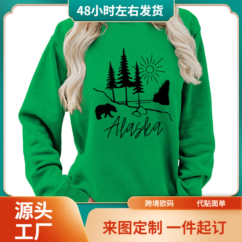 Alaska Forest Printed Round Neck Women's Top Sweatshirt Autumn and Winter Amazon Supply Casual Loose European Size Alaska Forest Printed Round Neck Women's Top Sweatshirt Autumn and Winter Amazon Supply Casual Loose European Size