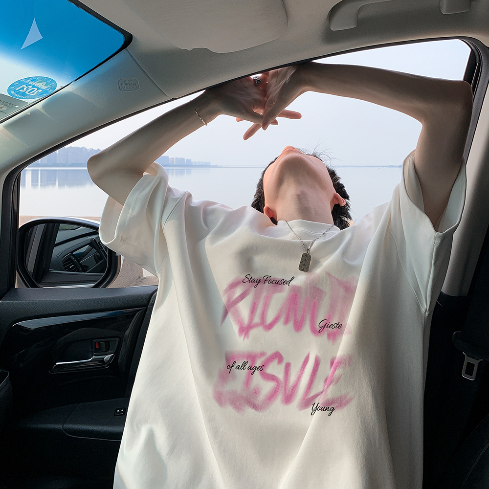 美式白色高端纯棉短袖t恤男秋季高街情侣宽松潮牌ins运动半袖衣服