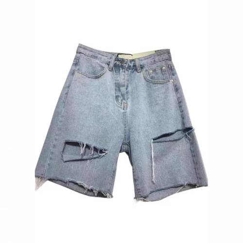 Light Blue Ripped Denim Five-Pocket Women's Summer Korean Version High-Waist Hip-Hop Loose Wide-Legged Plus Size Slimming Versatile Five-Pocket Pants