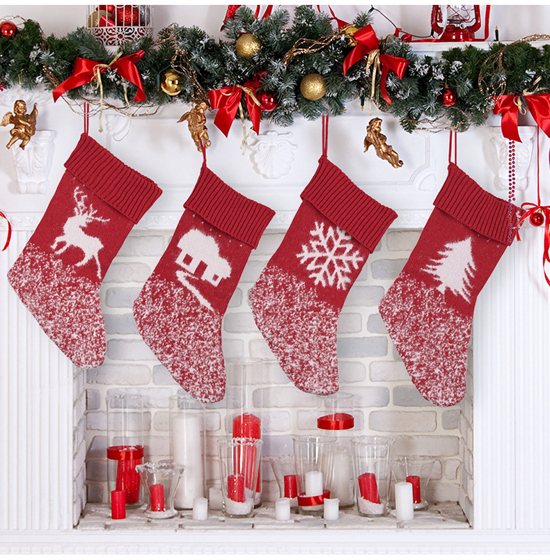Christmas Stocking Knitted Red Snowflake Decoration Gift Bag_voghion.com