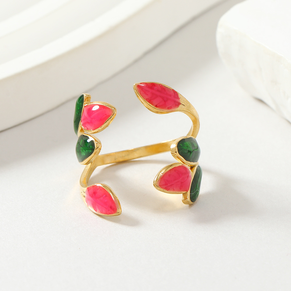 Leaf Pattern Women's Gender Enamel, Plating Design Stainless Steel IG Style Leaf Enamel Plating Open Rings