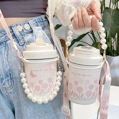 チューリップ保温カップ女性高颜値コップ316ステンレス製ストロー付きコップ学生携帯コーヒーカップ