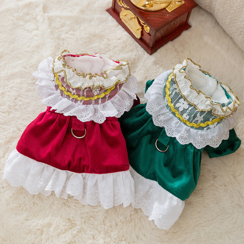 Autumn and Winter new dog clothes velvet lace dress teddy bear kitten princess style dress cotton-padded dress