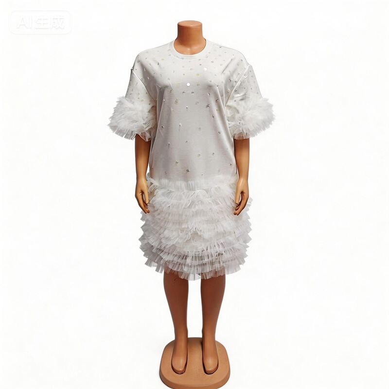 26 Spring New Style Cake Skirt Dress Long T-Shirt Short Sleeve Round Neck Plus Size Women's A-Line Foreign Trade Wholesale Versatile