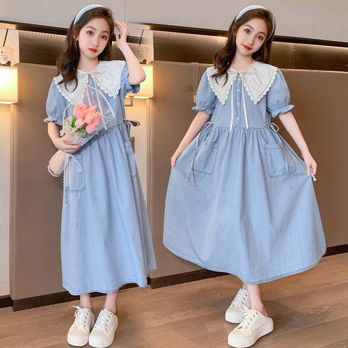 2024 Summer New Style Dress for Older Girls: Chic Denim Knee-Length Skirt Perfect for Students