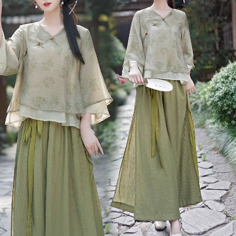 Spring New Chinese-Style Retro National Style Printed Improved Hanfu Tang Suit Top Wide-Leg Pants Zen Tea Suit Set for Women New Arrivals