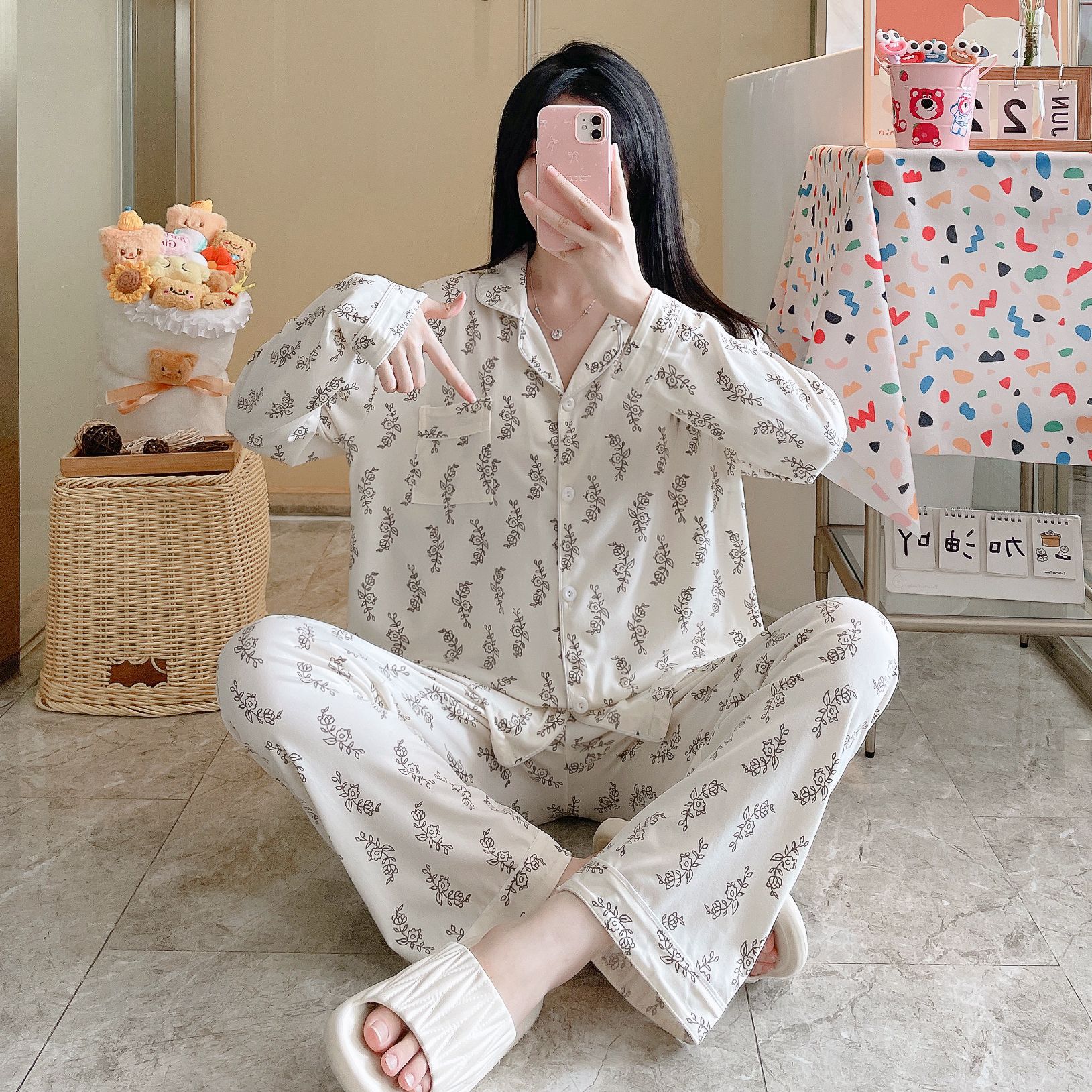Algodón al por mayor transfronterizo otoño y invierno 180 gramos con solapa pajamas caseros cardigans pantalones de manga larga lindos sueltos