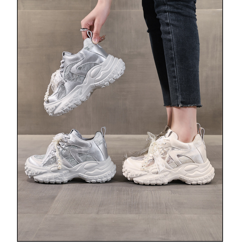 Giày sneaker nữ đế dày tăng chiều cao, phối ngọc trai và nơ, phong cách bánh xốp — Màu be chi tiết 17
