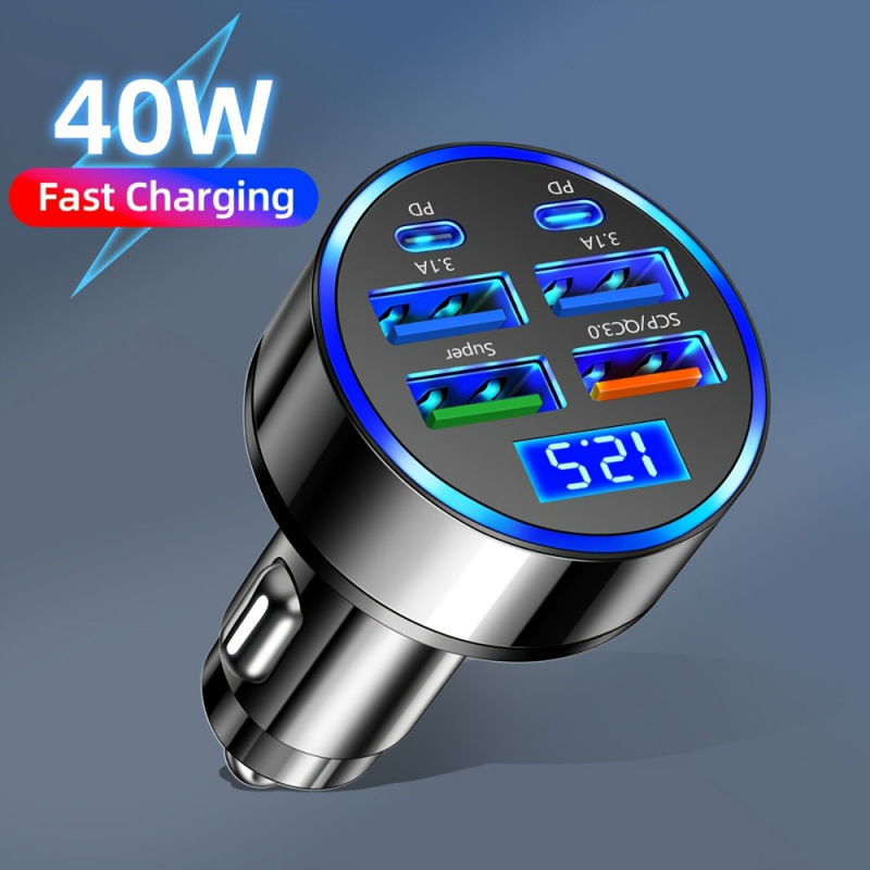 2026 New Cross-Border Dropshipping 6-Port 40W Digital Display Car Mobile Phone Fast Charging