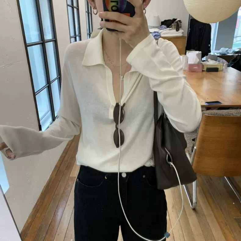 现货2025秋季新韩国东大门宽松休闲纯色显瘦POLO领长袖针织衫上衣