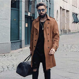 2025秋冬季跨境亚马逊美式复古麂皮绒男士休闲中长款修身风衣外套