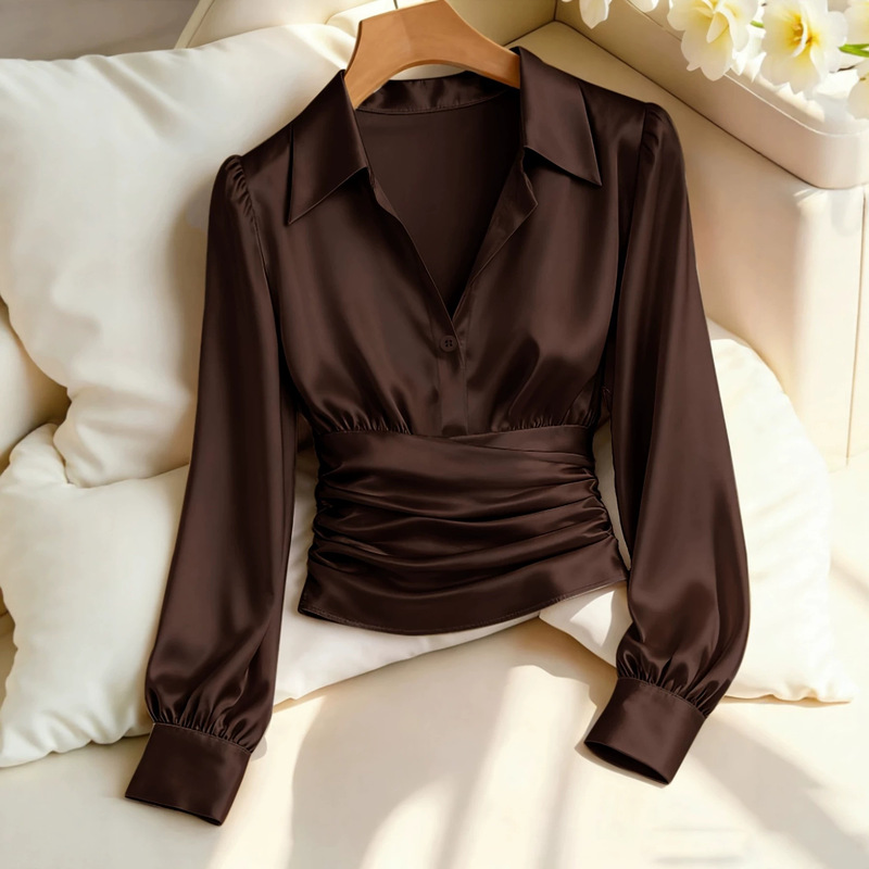 European and American style satin collared shirt for women, autumn waist-cinching pleated short top, elegant burgundy V-neck with puff sleeves European and American style satin collared shirt for women, autumn waist-cinching pleated short top, elegant burgundy V-neck with puff sleeves