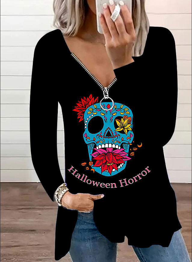 Women's casual fashion V-neck zipper printed long-sleeved tops_voghion.com