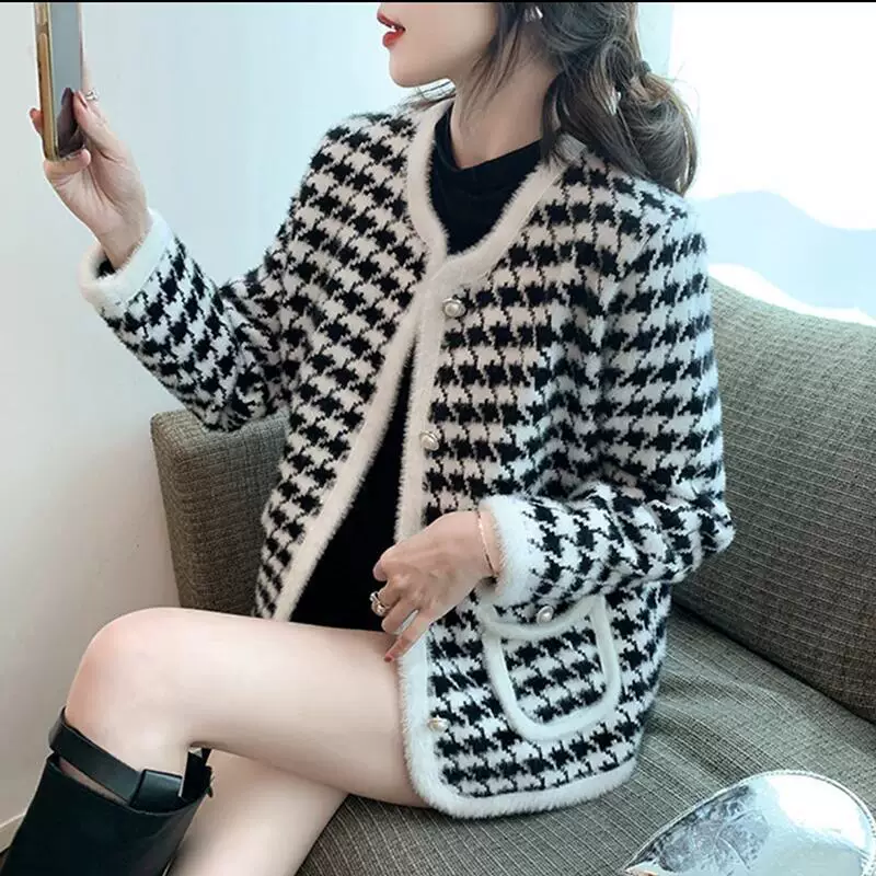 Вязаная куртка на весну-осень для отдыха, кардиган в клетку в стиле Chanel, длинный рукав, свободный крой
