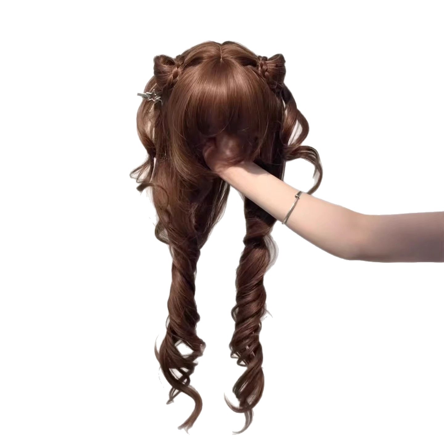 Perruques Koni - Perruque longue aux cheveux ondulés « Caramel Puff », brun chocolat japonais, perruque réaliste couvrant toute la tête