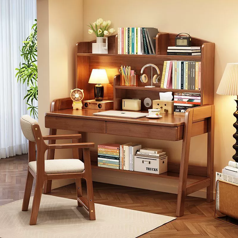Столы для учащихся начальной и средней школы с книжными полками, бытовые подъемные учебные столы из цельного дерева, простые современные письменные столы и стулья для спальни.