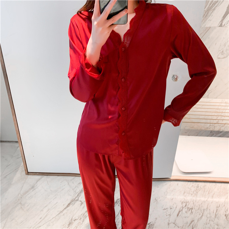 Spring New Women's Long Sleeve Trousers Ice Silk Cardigan Pajamas Home Clothes Red Festive Bride Wedding Bridesmaid Dress