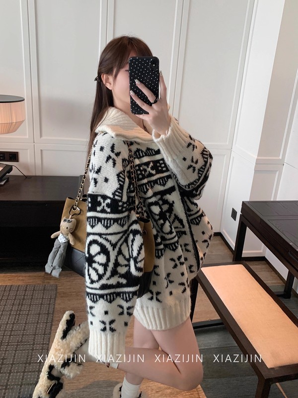 复古提花翻领毛衣外套女2025新款秋冬慵懒设计感宽松拉链针织开衫|undefined