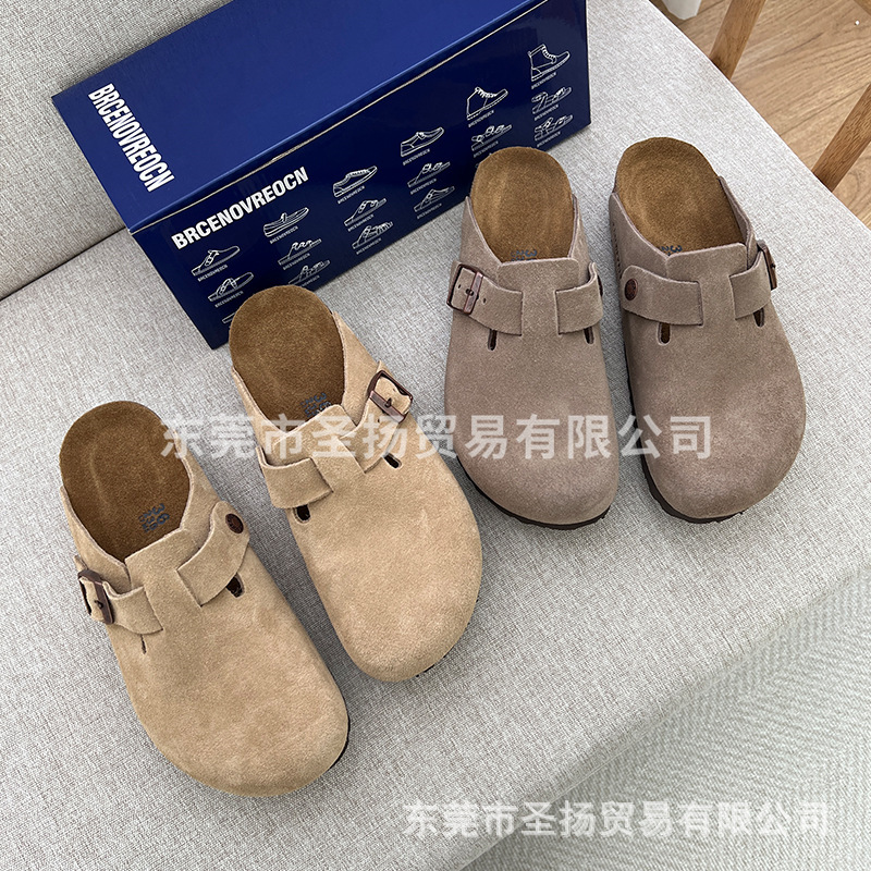high version of the recommend! Boken Cork Genuine Leather Half Slippers for Outer Wear Flat Fashionable Low Heel Lazy Casual Shoes for Women