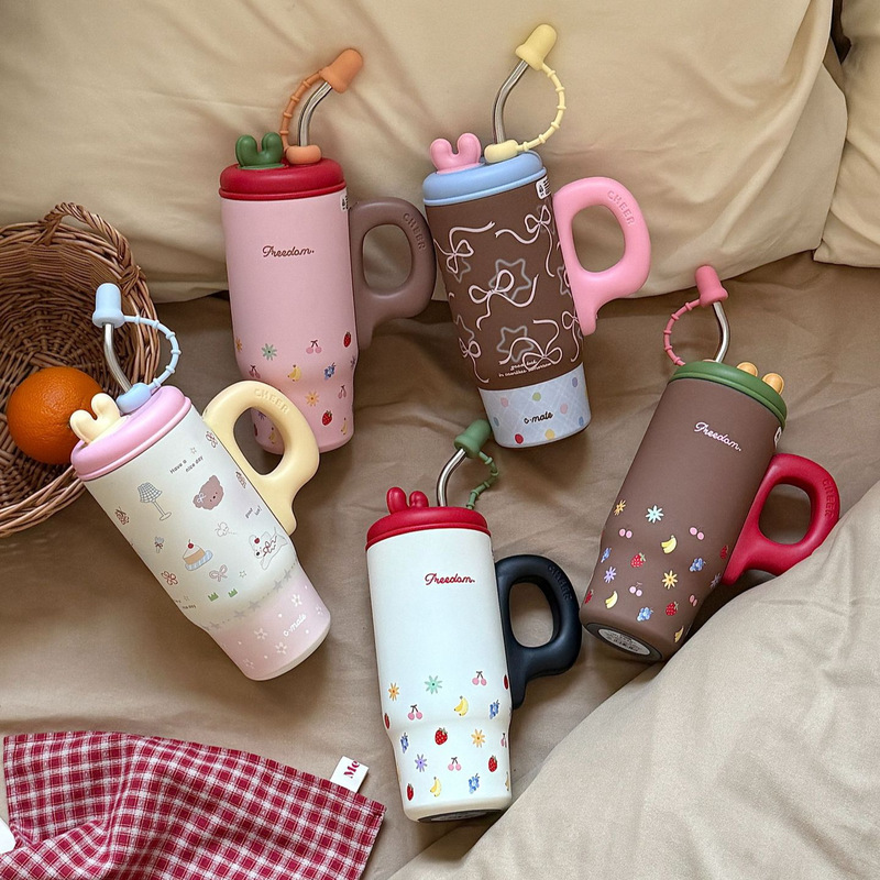 Cute Girly Antler Ice Cup 316L Stainless Steel Large Capacity Insulated Cup with Handle and Straw
