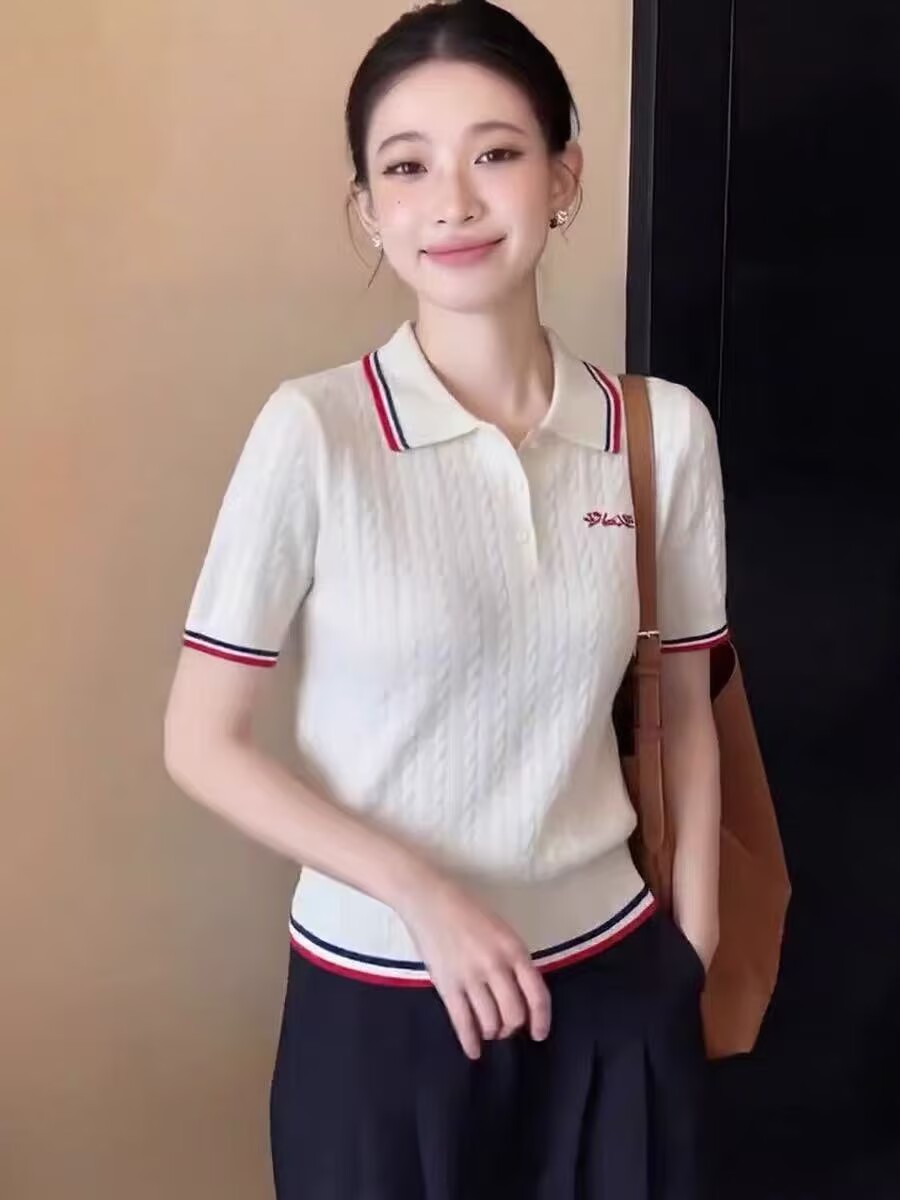 Áo thun polo nữ cổ bẻ sọc kẻ Hàn Quốc form gọn — trắng