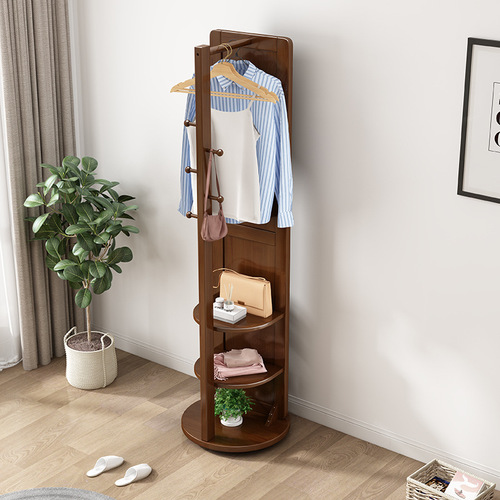 Nordic solid wood floor-standing rotating full-length mirror with integrated wardrobe and hanging rack, modern minimalist home use bedroom dressing mirror and hanger