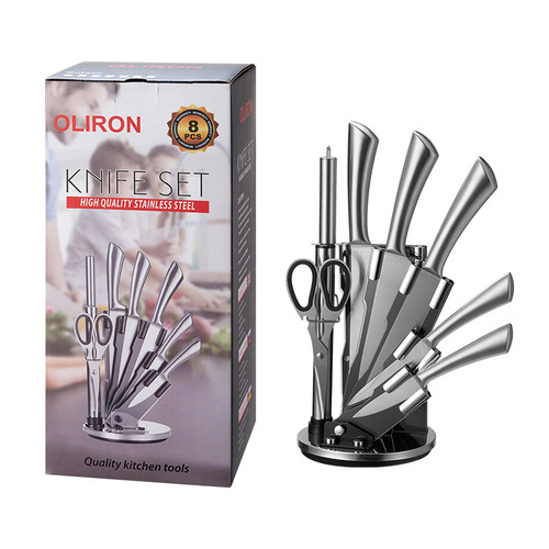 Kitchen knife set 8-pc stainless steel hollow handle with acrylic rotating block knife holder set M38