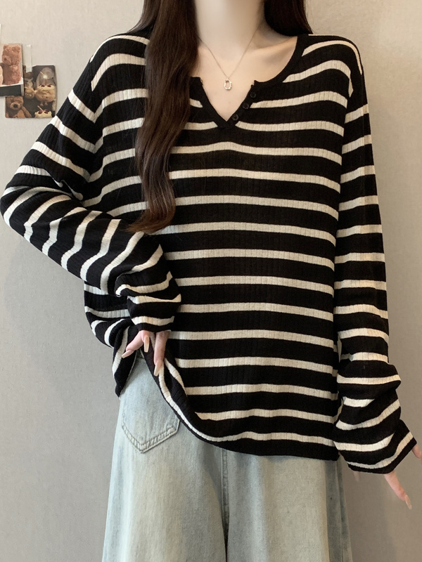 黑白条纹针织衫V领正肩长袖T恤女2025早秋新款大码胖mm打底衫上衣|undefined