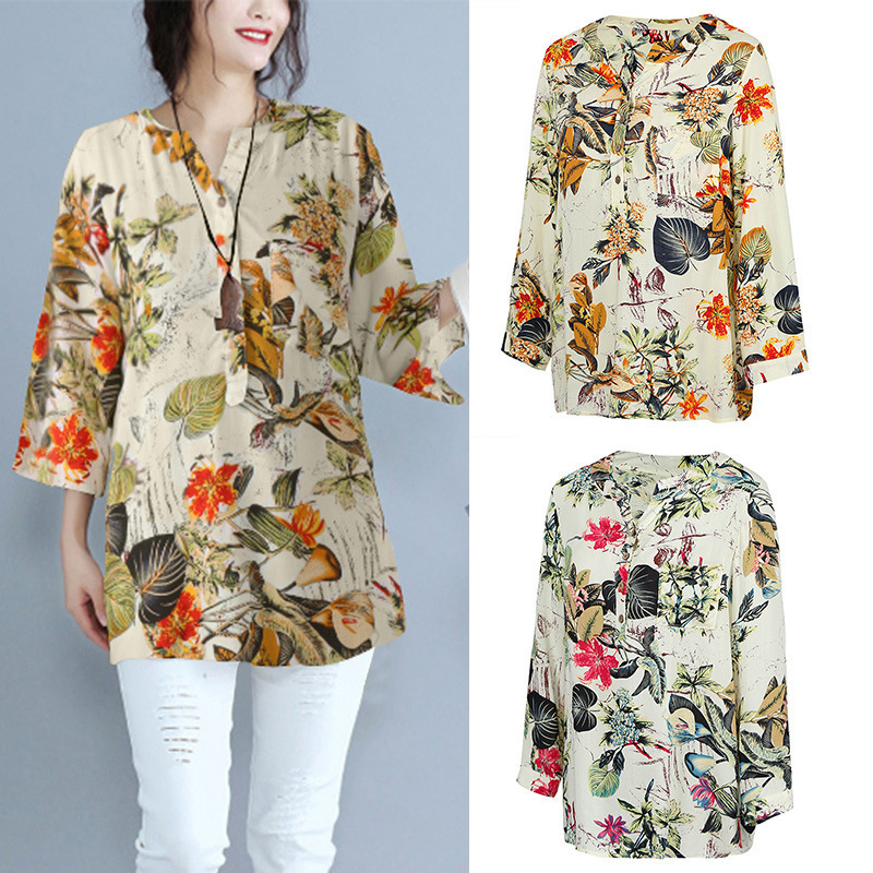2022 European and American plus size women's blouse floral leaf print V-neck 3/4 sleeve casual shirt Women's tunic