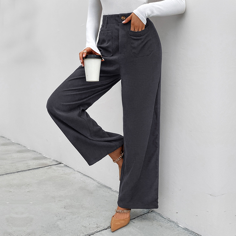 women's autumn and winter loose casual pants commuting high-waisted wide-leg pants corduroy casual button trousers_voghion.com