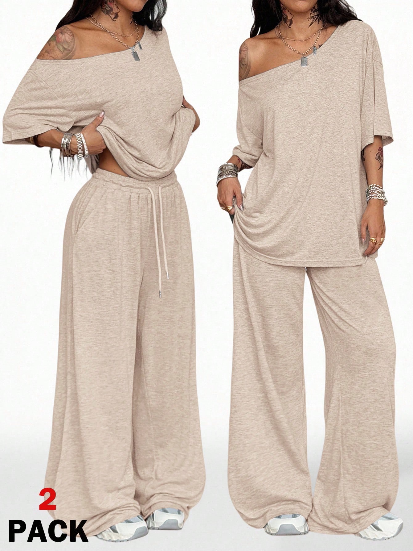 2026 Women's Casual Solid Color Oblique Neck Wide Leg Pants Set Sports Two-piece Set Loose Pants_ecoleips.com