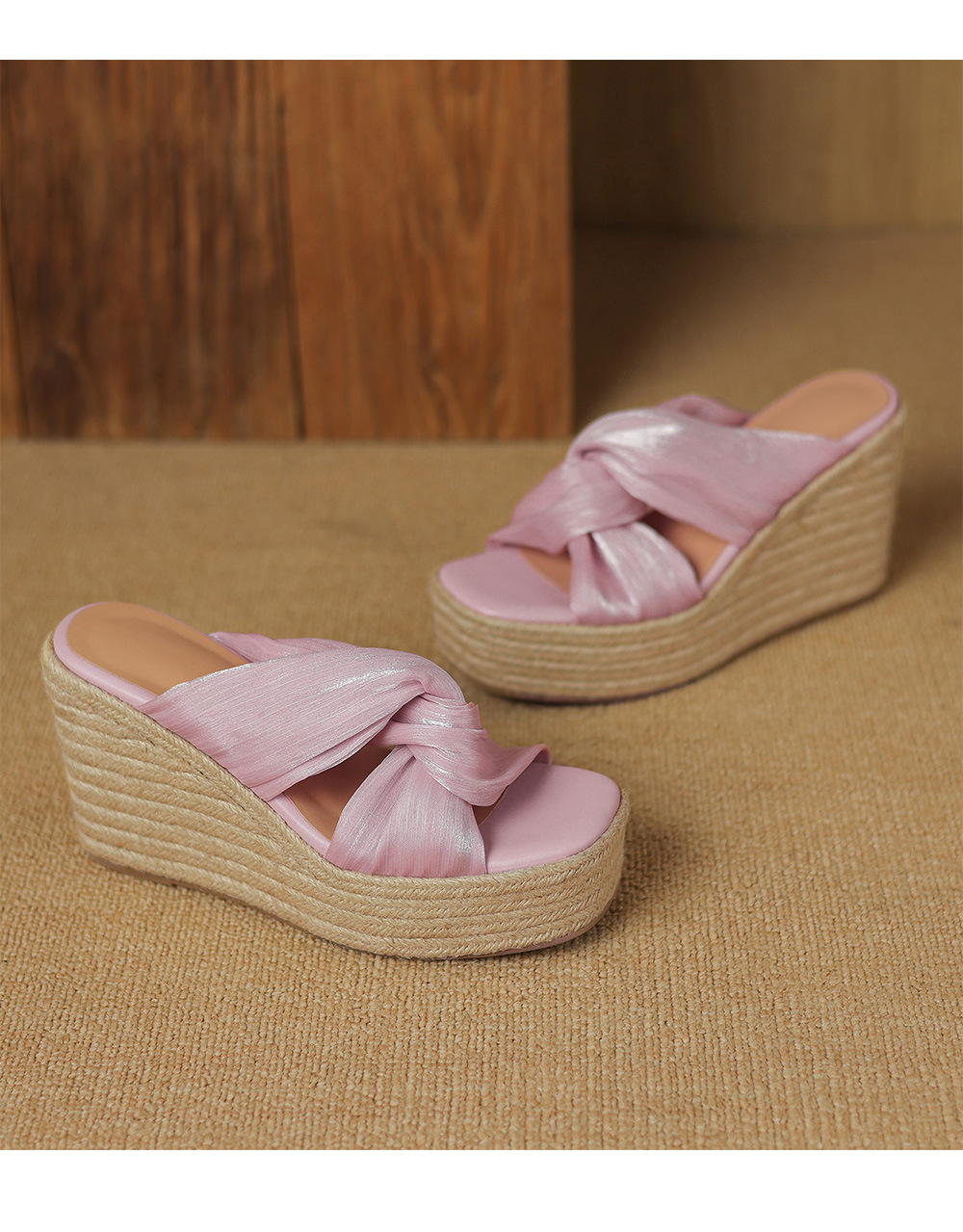 Dép sandal nữ quai chéo đế xuồng dệt rơm, hở mũi lưới, đế dày tăng chiều cao — Màu hồng, Màu trắng be, Màu xám chi tiết 17