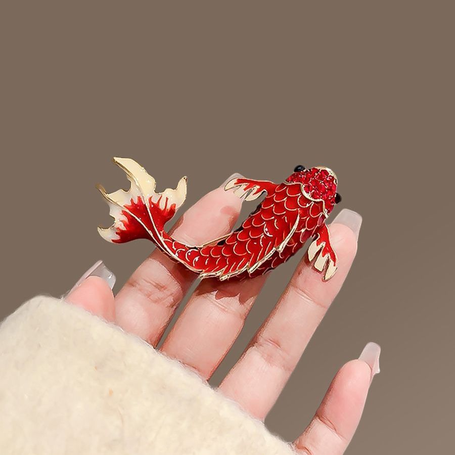 New Chinese-Style Red Carp Brooch, High-End Women's Exquisite Good Luck Koi Pin, Suit Clothing Brooch Accessory