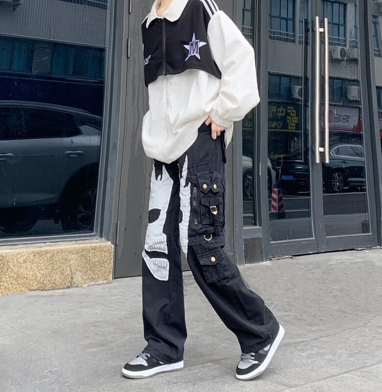 Vintage skull printed jeans men's high street style loose jeans Harajuku tooling straight jeans