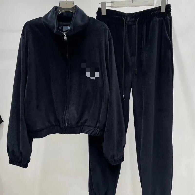 New Casual Velvet Casual Suit with Embroidered Letters, Stand Collar, Long Sleeves, and Zipper for Women
