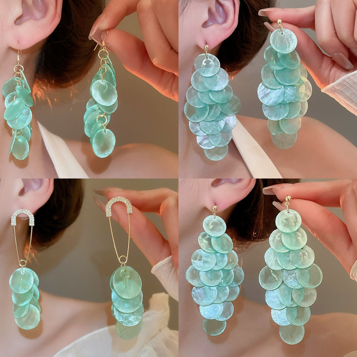 Pendientes de borla de concha redonda con aguja de plata Pendientes de temperamento de estilo de vacaciones junto al mar Pendientes de todo fósforo de alta gama de moda al por mayor