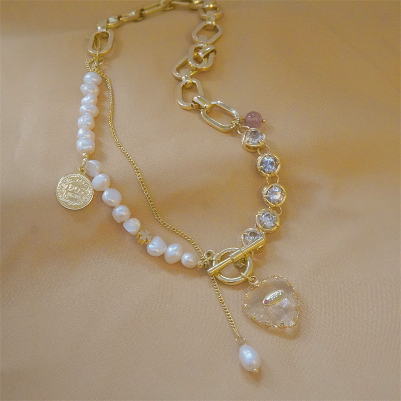 38g Weight 14K Gold Plated Plating Material Glass Pendant Material Necklace Classification Copper Chain Material 1 Piece Quantity Casual Occasion Freshwater Pearl Material Heart Shape Pattern Women's Gender Plating Design Fairy Style Style Fairy Style Heart Shape Freshwater Pearl Plating 14K Gold Plated Women's Necklace 10