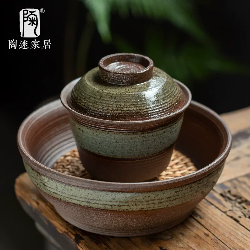 陶迷 Clear water wood-burning covered bowl kiln variable flow glaze ceramic retro open piece Sancai bowl household tea maker kettle bearing