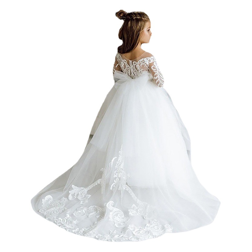 Nuevo vestido de novia para niños transfronterizos europeos y americanos Vestido de encaje de manga larga para niñas con rendimiento final Vestido esponjoso de princesa de cumpleaños