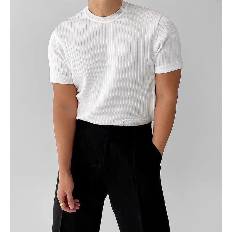 Round Neck Striped Short-Sleeve Knit Shirt for Men, British Style, Business Slim Fit, Muscle-Showing T-Shirt, Foreign Trade Cross-Border Wholesale Round Neck Striped Short-Sleeve Knit Shirt for Men, British Style, Business Slim Fit, Muscle-Showing T-Shirt, Foreign Trade Cross-Border Wholesale