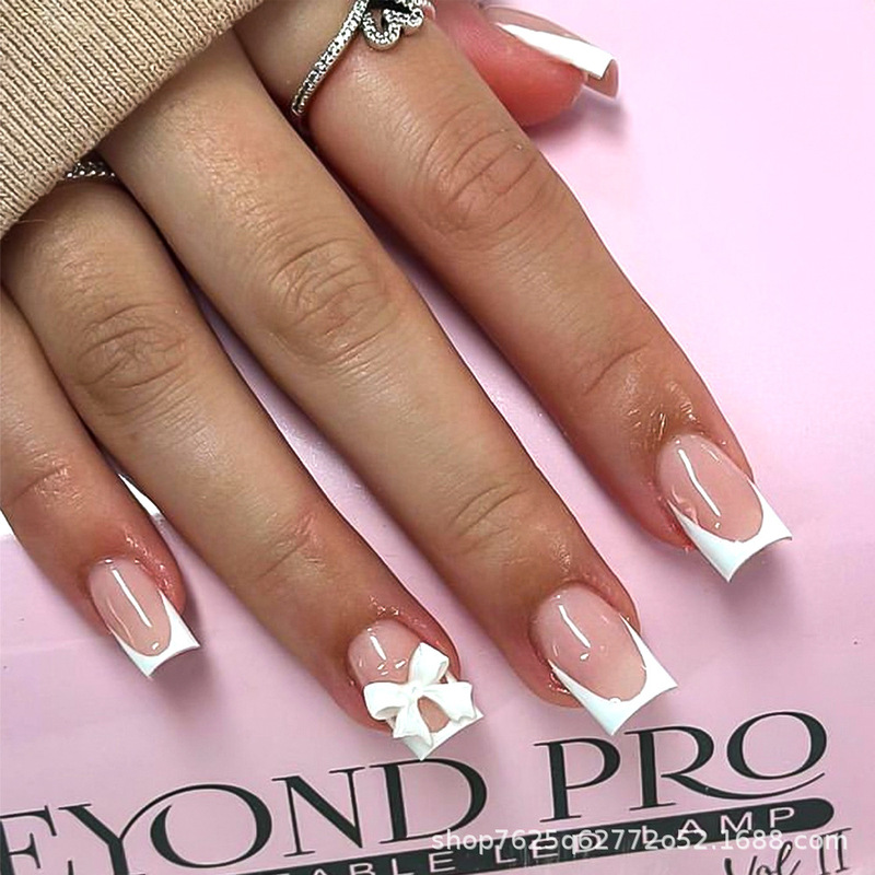 Cross-Border Boxed Set of 24 Pure White Bowknot Detachable Wearable Nails with White Edges, High Aesthetic Value, Brightening Effect, Fake Nails